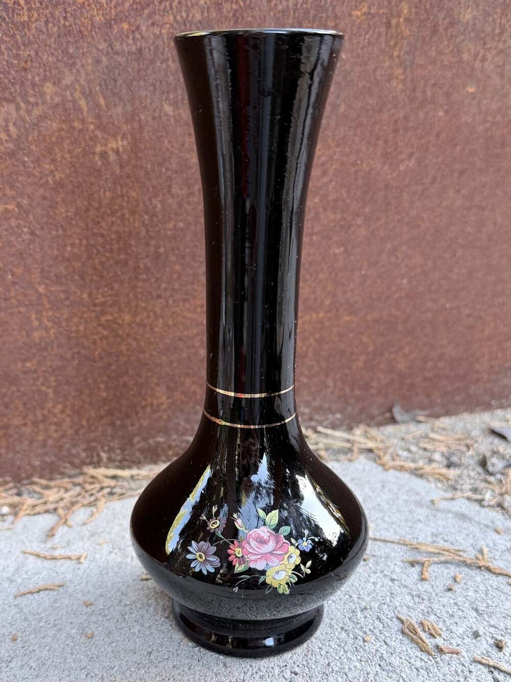 Vintage Black Amethyst Art Glass Bud Vase Hand Painted Floral 8 Inch